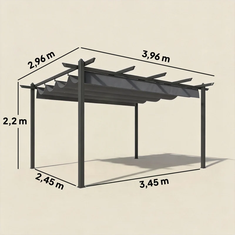 Outsunny Pérgola De Jardín 4x3 M Con Techo Retráctil Y Marco De Aluminio Gris