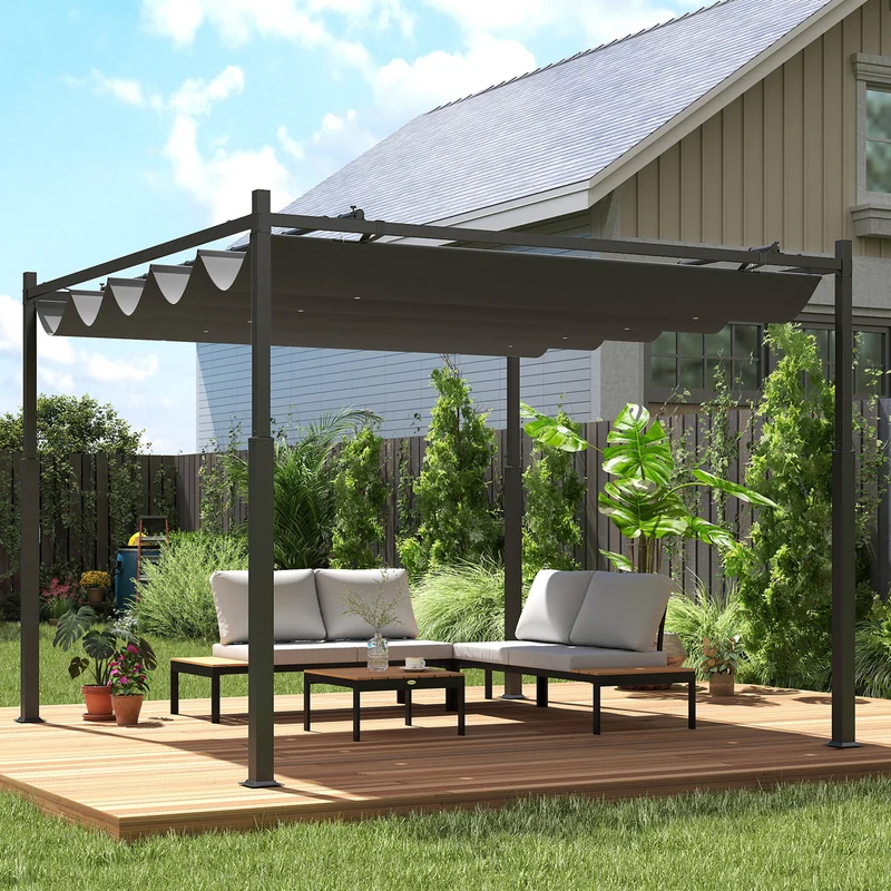 Outsunny Pérgola De Jardín 3x3 M Con Techo Retráctil Y Accesorio Magnético Gris