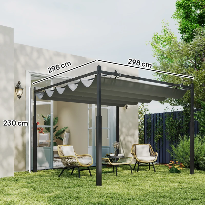 Outsunny Pérgola De Jardín 3x3 M Con Techo Retráctil Y Accesorio Magnético Gris