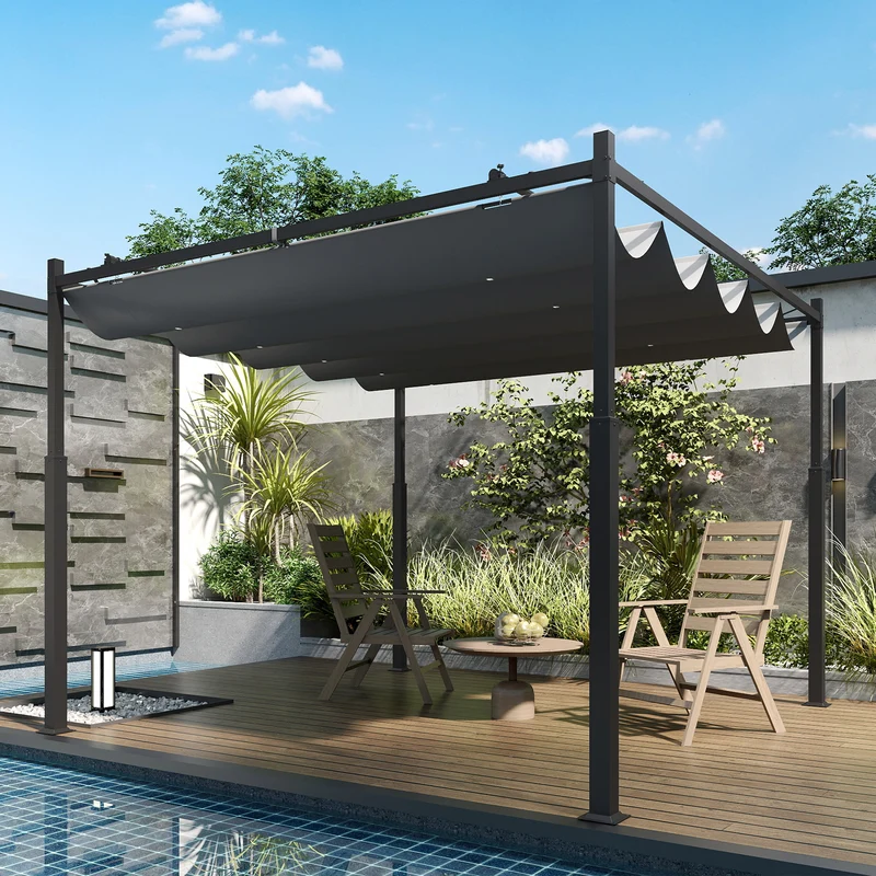 Outsunny Pérgola De Jardín 3x3 M Con Techo Retráctil Y Accesorio Magnético Gris