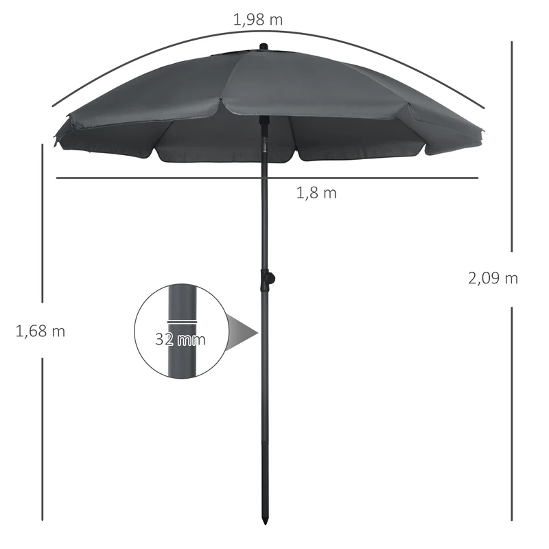 Outsunny Sombrilla De Playa Grande Ø180 Cm Con Ángulo Ajustable Gris Oscuro