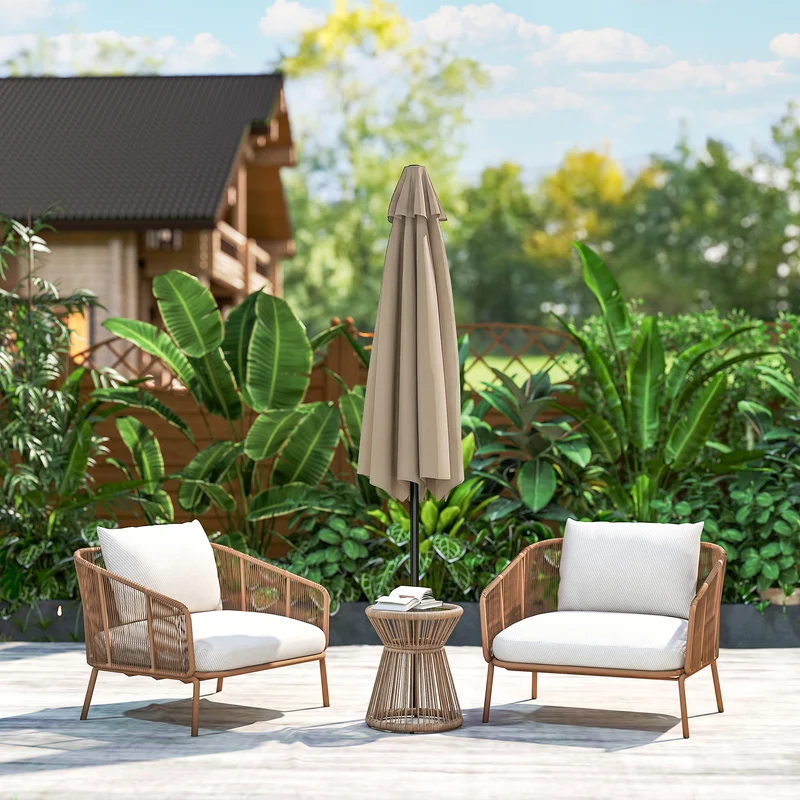 Outsunny Sombrilla De Jardín Ø230x216 Cm Con Techo Basculante Impermeable Caqui