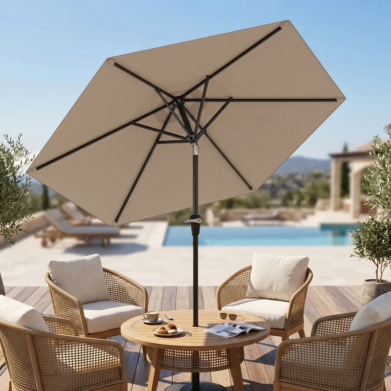 Outsunny Sombrilla De Jardín Ø230x216 Cm Con Techo Basculante Impermeable Caqui