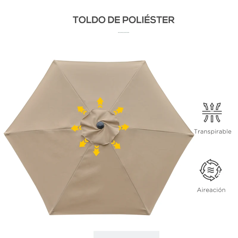Outsunny Sombrilla De Jardín Ø230x216 Cm Con Techo Basculante Impermeable Caqui