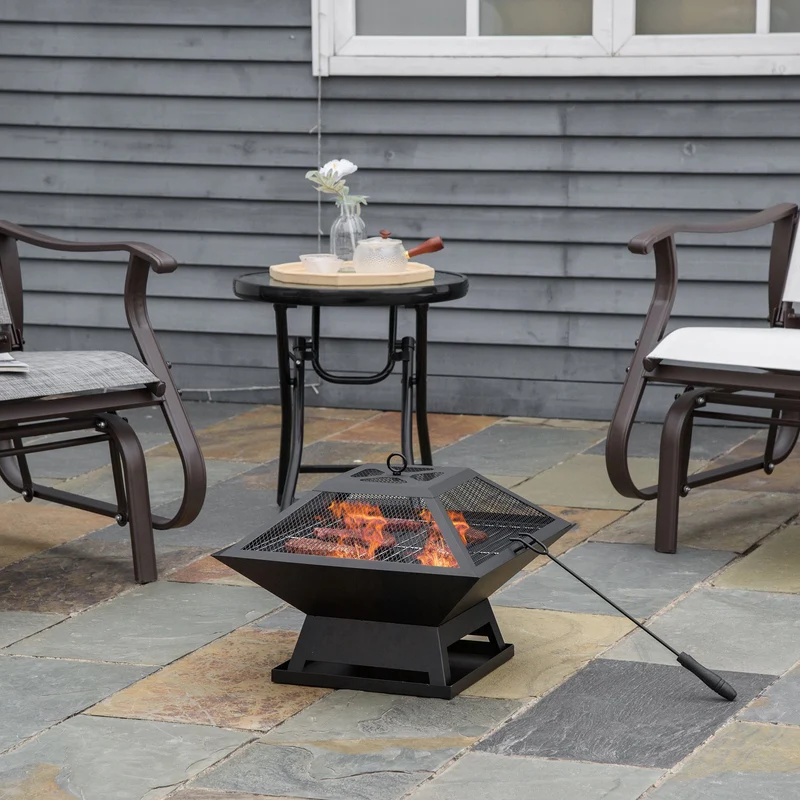 Outsunny Brasero Exterior De Acero Con Protector De Chispas 45x45x34 Cm Negro