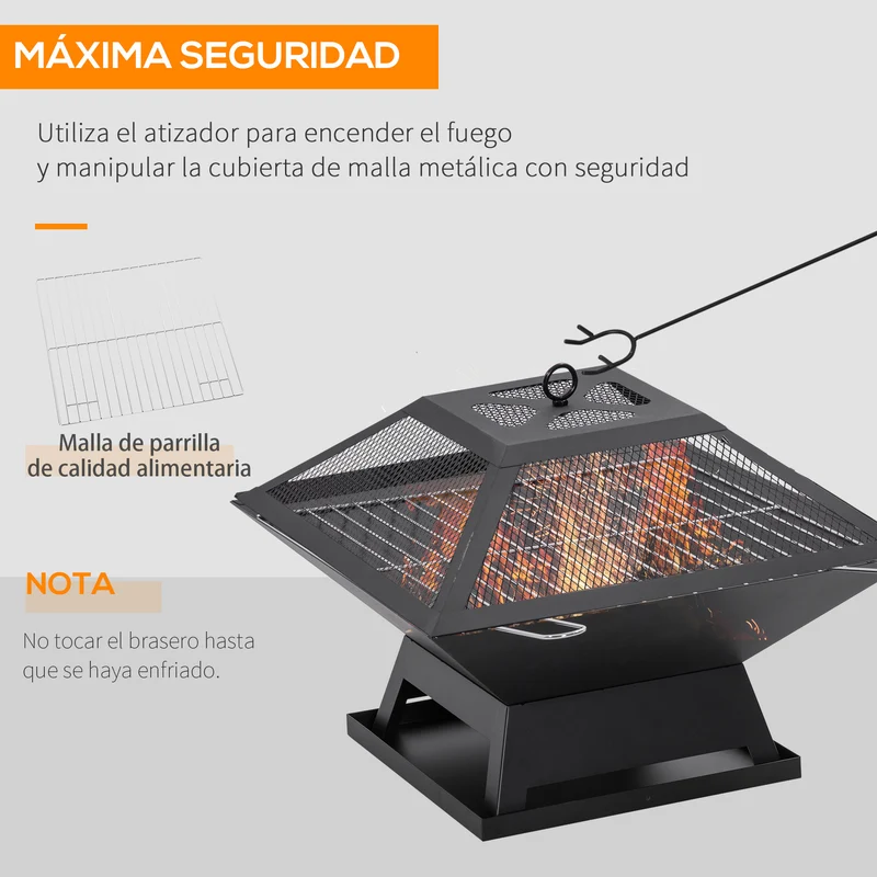 Outsunny Brasero Exterior De Acero Con Protector De Chispas 45x45x34 Cm Negro