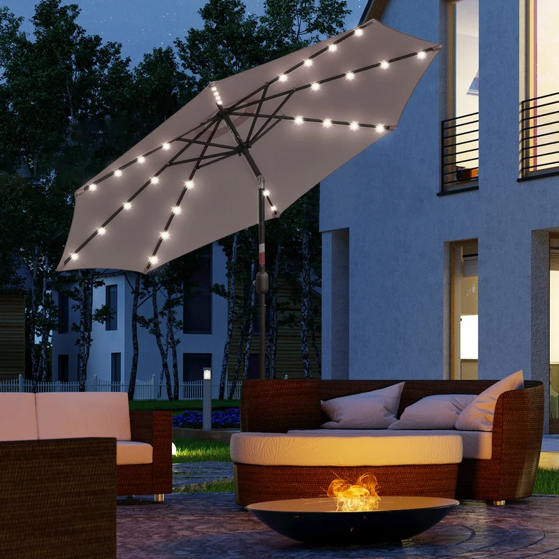 Outsunny Sombrilla Jardín Con 32 Luces Led Solares Inclinable Ø265x233 Cm Gris
