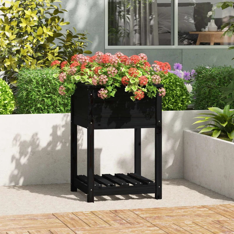 Jardinera Con Estante Madera Maciza De Pino Negro 54x54x81 Cm