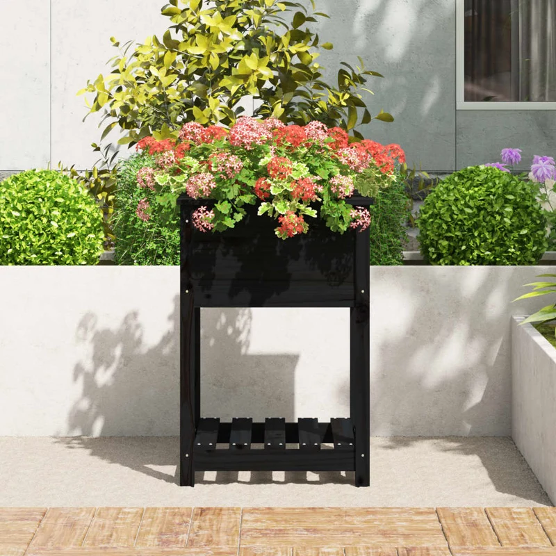 Jardinera Con Estante Madera Maciza De Pino Negro 54x54x81 Cm