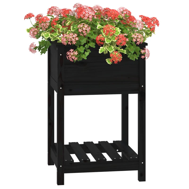 Jardinera Con Estante Madera Maciza De Pino Negro 54x54x81 Cm