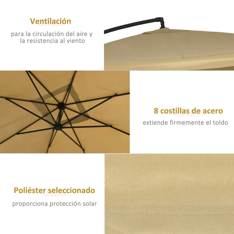 Outsunny Sombrilla De Jardín 296x296x265 Cm Inclinable Con Manivela Base Cruzada