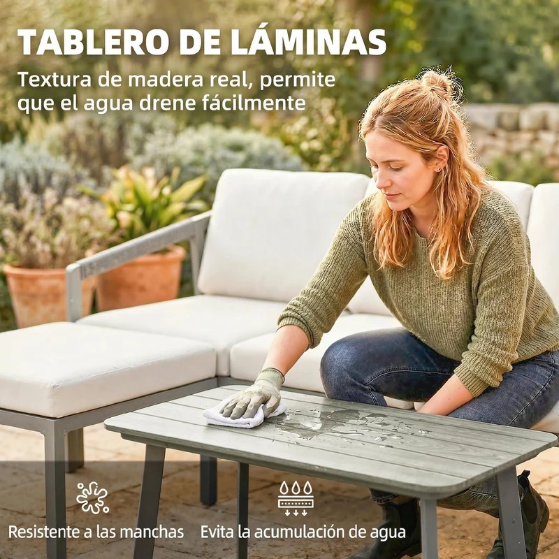 Outsunny Conjunto de Muebles Jardín Exterior de 3 Piezas Sofá Exterior Seccional Forma de L con Sofá de 3 Plazas Reposapiés Mesa Centro de Listones y Cojines de 10 cm para Terraza Patio Marrón y Beige