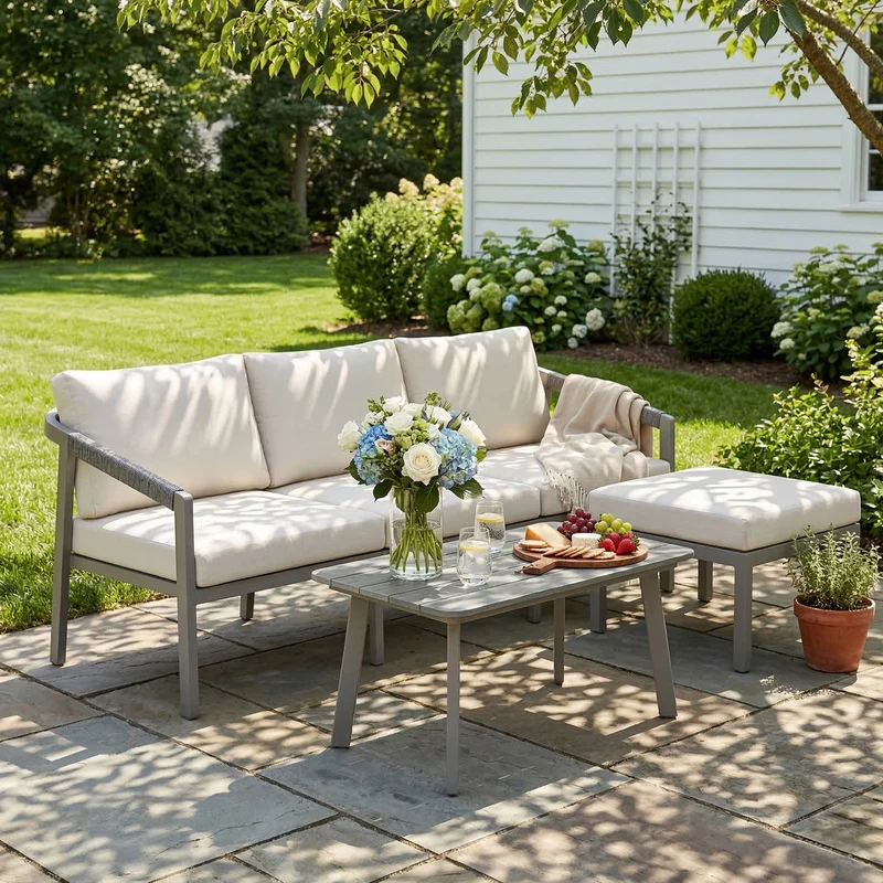 Outsunny Conjunto de Muebles Jardín Exterior de 3 Piezas Sofá Exterior Seccional Forma de L con Sofá de 3 Plazas Reposapiés Mesa Centro de Listones y Cojines de 10 cm para Terraza Patio Marrón y Beige