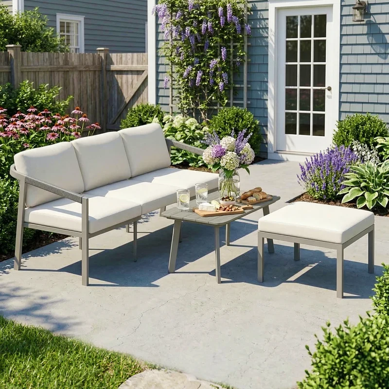 Outsunny Conjunto de Muebles Jardín Exterior de 3 Piezas Sofá Exterior Seccional Forma de L con Sofá de 3 Plazas Reposapiés Mesa Centro de Listones y Cojines de 10 cm para Terraza Patio Marrón y Beige