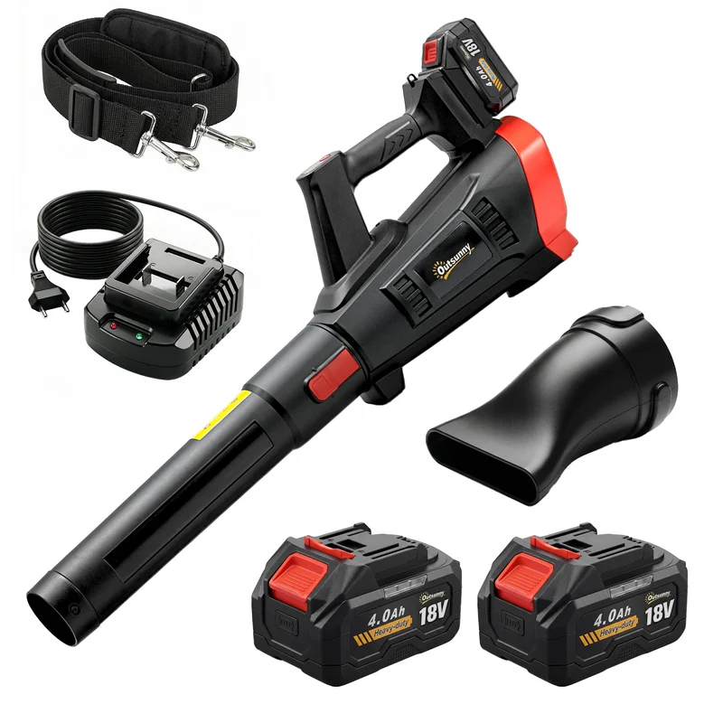 Outsunny Soplador de Hojas sin Cable 18V con 2 Baterías 4.0Ah y Cargador, Motor Sin Escobillas 600W, 3 Velocidades, Correa Hombro, 149 km/h, Soplador Batería Ligero para Hojas, Polvo, Nieve y Residuos