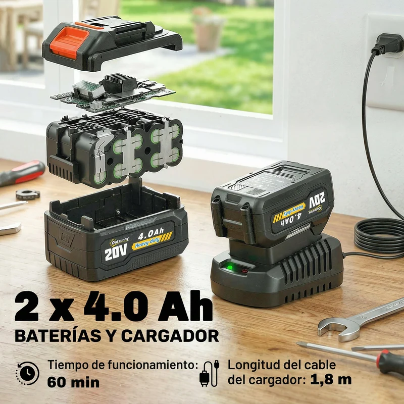 Outsunny Motosierra de Batería Extensible 1,94-2,56 m, Motosierra Eléctrica con Motor 300 W, 2 Baterías 4,0 Ah, Cargador, Doble Bloqueo, Lubricación Automática, Correa, 6 m/s, para Podar Árboles