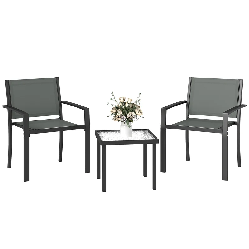 Outsunny Conjunto de Mesa y Sillas de Terraza Exterior 3 Piezas, Muebles de Jardín Exterior con 2 Sillas Anchas de Textilene, Mesa de Vidrio Templado, para Patio, Balcón, Gris Claro