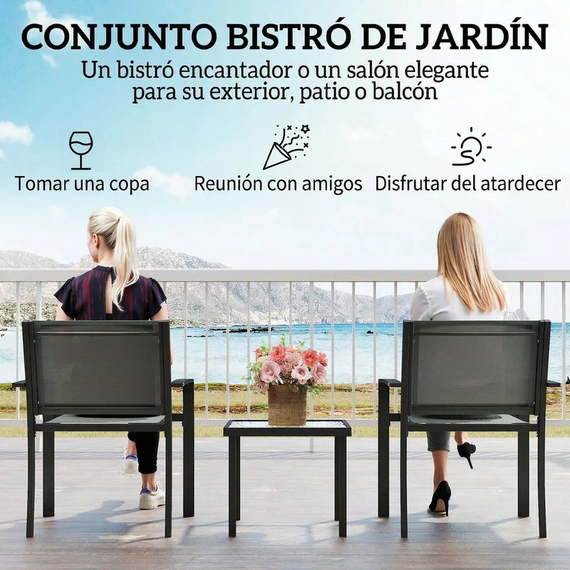 Outsunny Conjunto de Mesa y Sillas de Terraza Exterior 3 Piezas, Muebles de Jardín Exterior con 2 Sillas Anchas de Textilene, Mesa de Vidrio Templado, para Patio, Balcón, Gris Claro