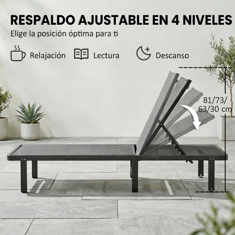 Outsunny Pack de 2 Tumbonas de Jardín Exterior, Tumbonas Reclinables con Ruedas, Respaldo Ajustable de 4 Niveles, Estructura de Aluminio y Tela Textilene, Resistentes, para Playa, Piscina, Gris Oscuro