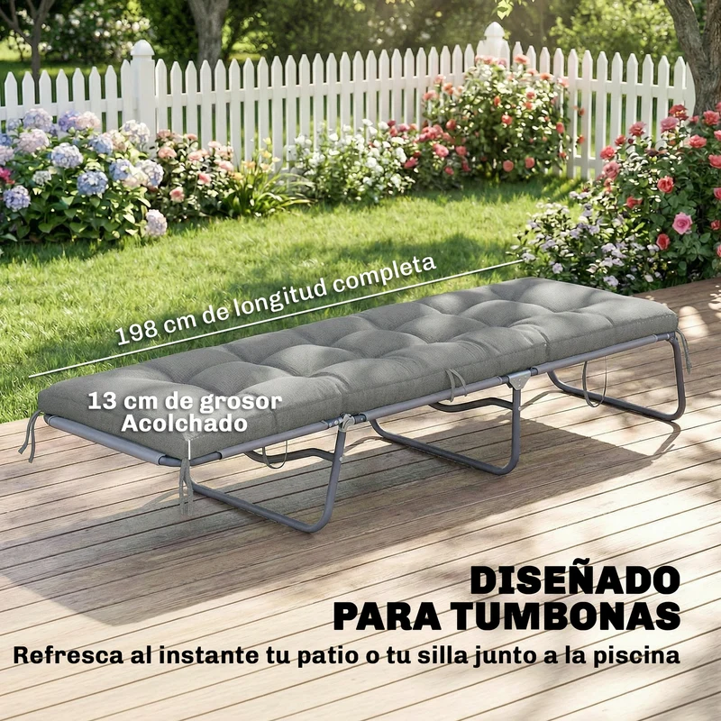 Outsunny Cojín para Banco Exterior, Cojín para Banco y Tumbona de Jardín con Correas de Sujeción, Protección UV50+, Rebote Lento, para Interior y Exterior, 198x65x13 cm, Gris Claro