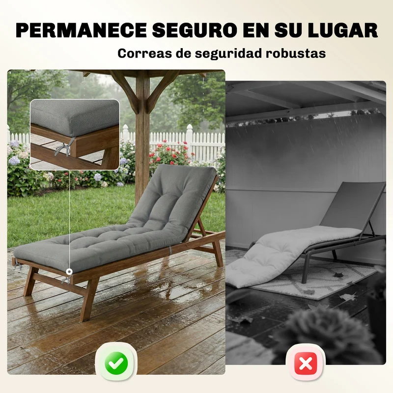 Outsunny Cojín para Banco Exterior, Cojín para Banco y Tumbona de Jardín con Correas de Sujeción, Protección UV50+, Rebote Lento, para Interior y Exterior, 198x65x13 cm, Gris Claro