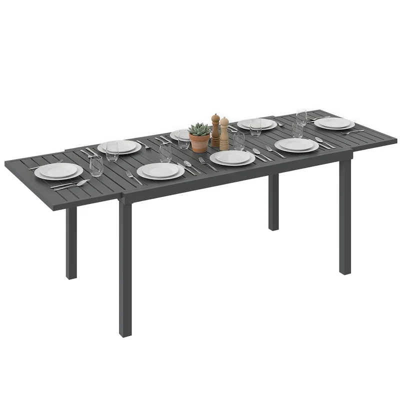Outsunny Mesa de Jardín Extensible 150/225x85x75 cm, Mesa de Comedor Exterior Extensible Rectangular de Aluminio, con Tablero de Listones para 6-8 Personas, para Patio, Terraza, Gris Oscuro