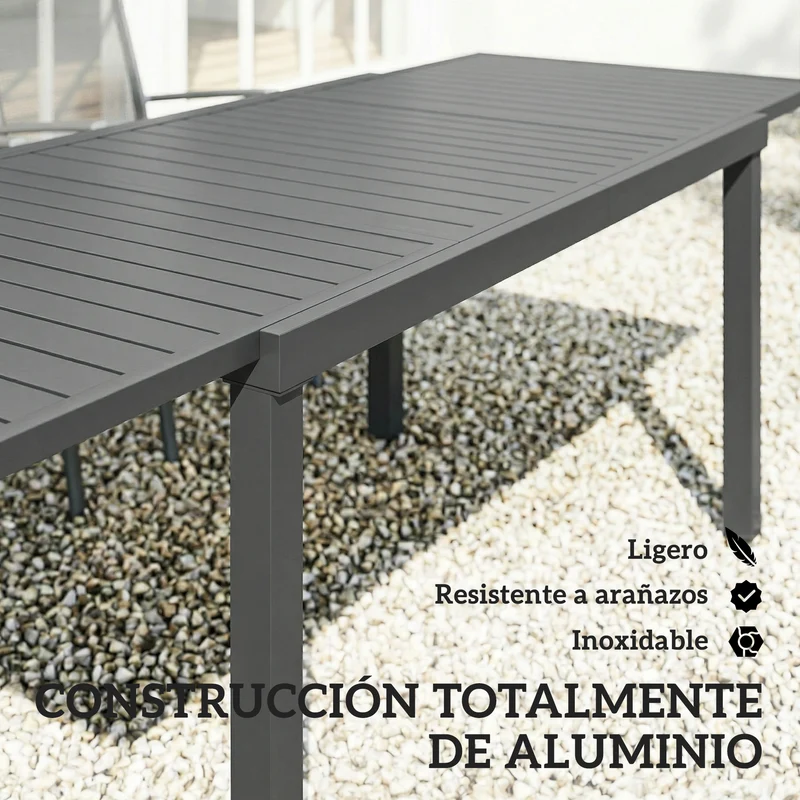 Outsunny Mesa de Jardín Extensible 150/225x85x75 cm, Mesa de Comedor Exterior Extensible Rectangular de Aluminio, con Tablero de Listones para 6-8 Personas, para Patio, Terraza, Gris Oscuro