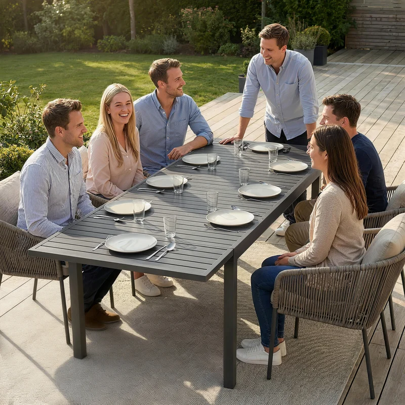 Outsunny Mesa de Jardín Extensible 150/225x85x75 cm, Mesa de Comedor Exterior Extensible Rectangular de Aluminio, con Tablero de Listones para 6-8 Personas, para Patio, Terraza, Gris Oscuro
