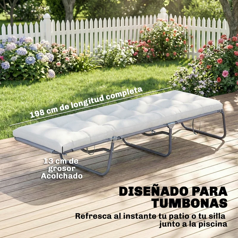 Outsunny Cojín para Banco Exterior, Cojín para Banco y Tumbona de Jardín con Correas de Sujeción, Protección UV50+, Rebote Lento, para Interior y Exterior, 198x65x13 cm, Crema
