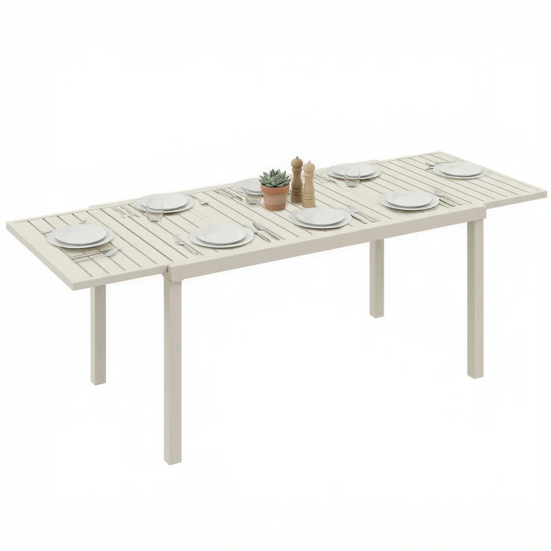Outsunny Mesa de Jardín Extensible 150/225x85x75 cm, Mesa de Comedor Exterior Extensible Rectangular de Aluminio, con Tablero de Listones para 6-8 Personas, para Patio, Terraza, Blanco