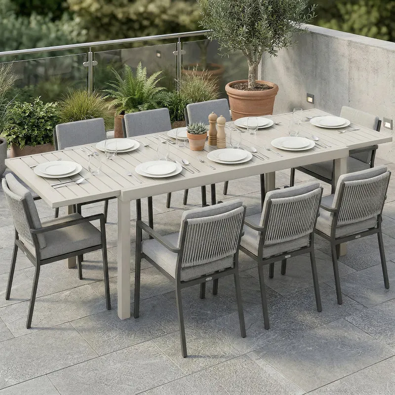 Outsunny Mesa de Jardín Extensible 150/225x85x75 cm, Mesa de Comedor Exterior Extensible Rectangular de Aluminio, con Tablero de Listones para 6-8 Personas, para Patio, Terraza, Blanco