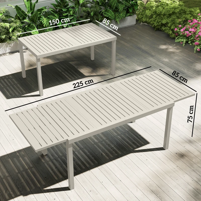 Outsunny Mesa de Jardín Extensible 150/225x85x75 cm, Mesa de Comedor Exterior Extensible Rectangular de Aluminio, con Tablero de Listones para 6-8 Personas, para Patio, Terraza, Blanco