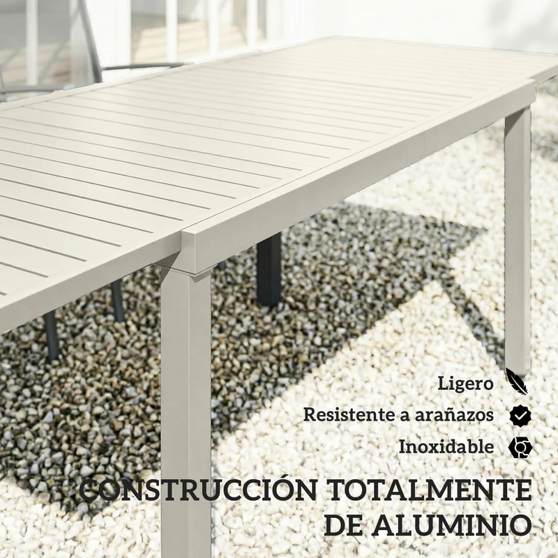 Outsunny Mesa de Jardín Extensible 150/225x85x75 cm, Mesa de Comedor Exterior Extensible Rectangular de Aluminio, con Tablero de Listones para 6-8 Personas, para Patio, Terraza, Blanco