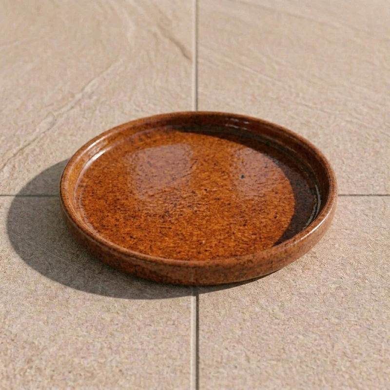 Soucoupe ronde 28cm rouille d'automne faite à la main en terre cuite émaillée