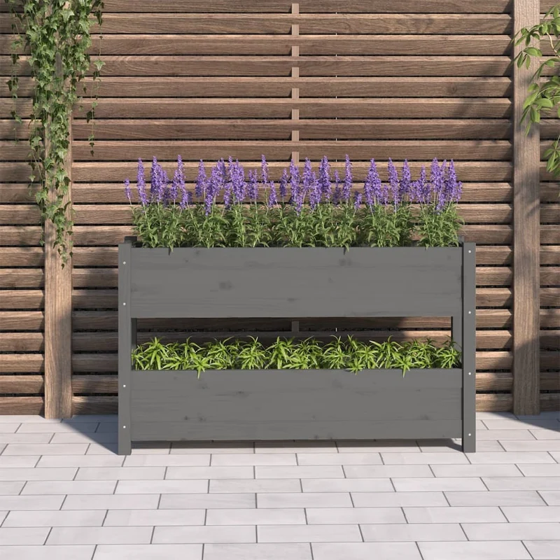 Jardinera De Madera Maciza De Pino Gris 112x25x66 Cm