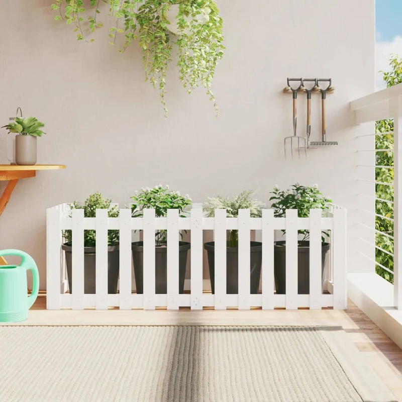 Arriate Elevado Jardín Con Valla Madera Pino Blanco 150x50x50cm
