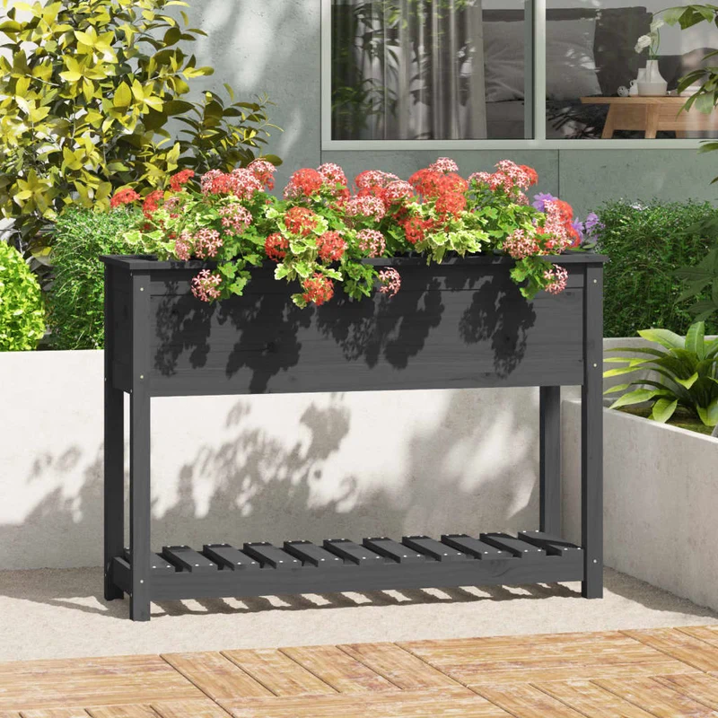 Jardinera Con Estante Madera Maciza Pino Gris 111,5x34,5x81 Cm