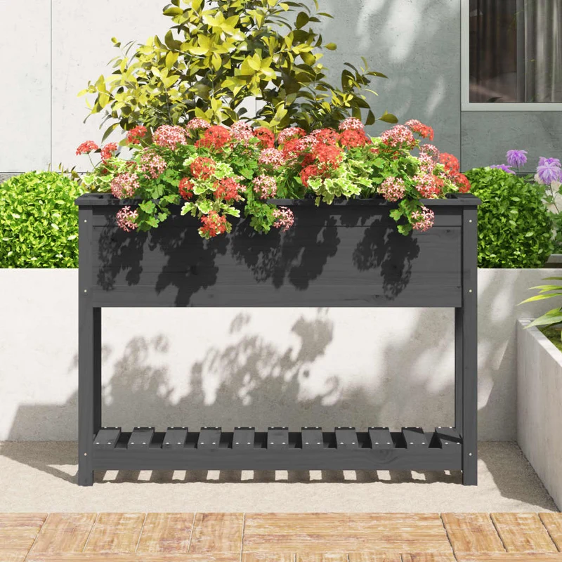 Jardinera Con Estante Madera Maciza Pino Gris 111,5x34,5x81 Cm