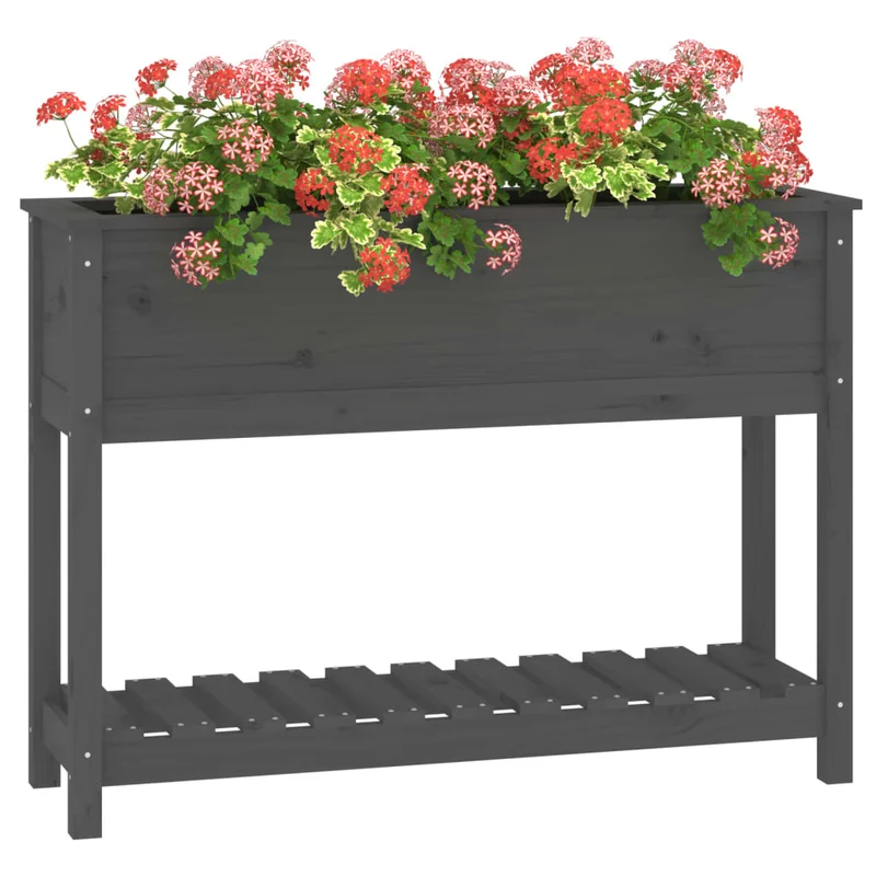 Jardinera Con Estante Madera Maciza Pino Gris 111,5x34,5x81 Cm