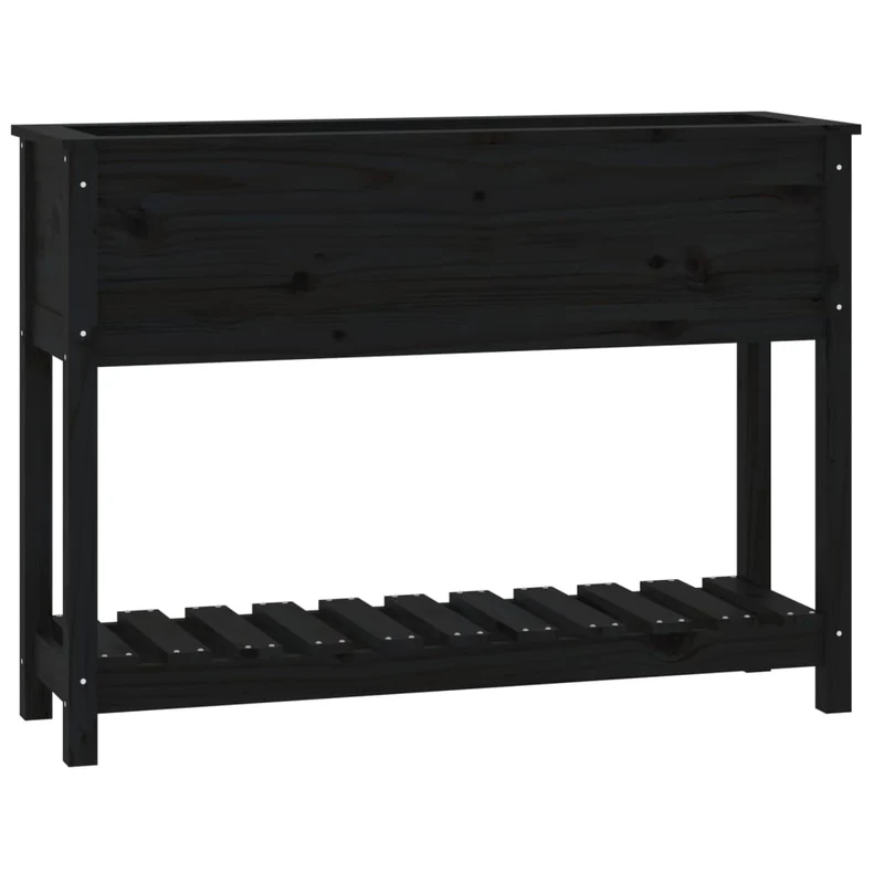 Jardinera Con Estante Madera Maciza Pino Negro 111,5x34,5x81 Cm