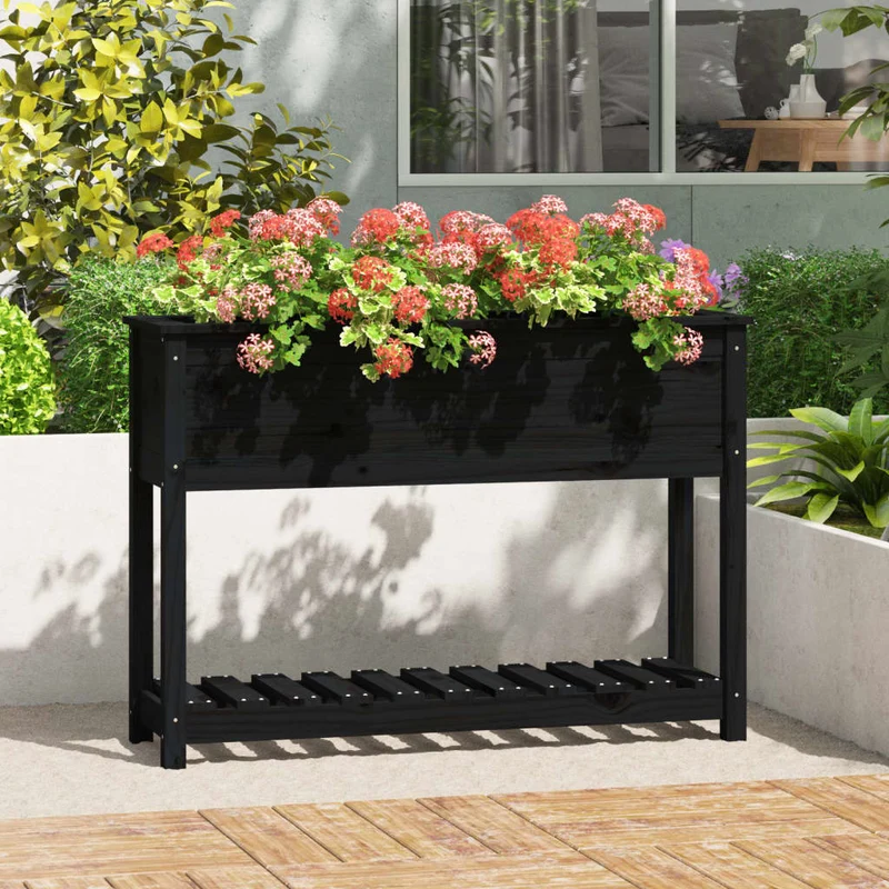 Jardinera Con Estante Madera Maciza Pino Negro 111,5x34,5x81 Cm