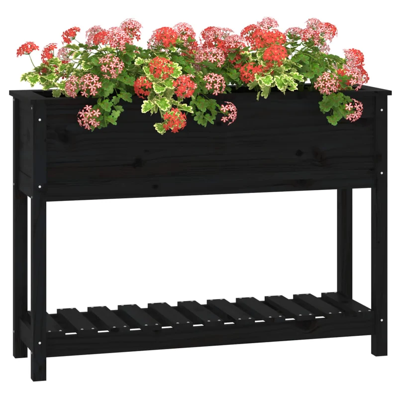 Jardinera Con Estante Madera Maciza Pino Negro 111,5x34,5x81 Cm