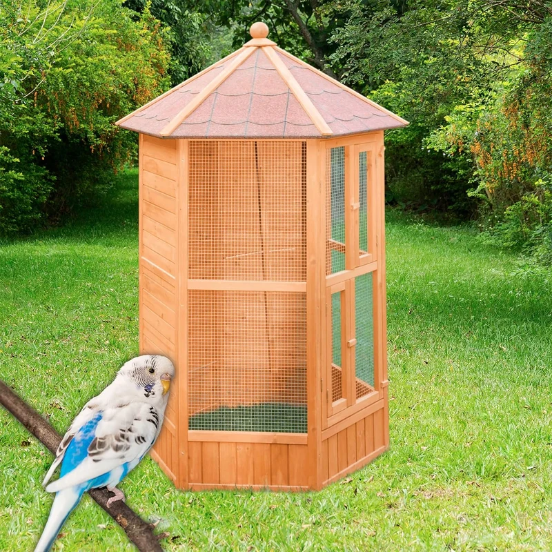 Voladera Para Pájaros De Jardín Exterior (canarios, Periquitos.) - Voladero Hexagonal En Madera