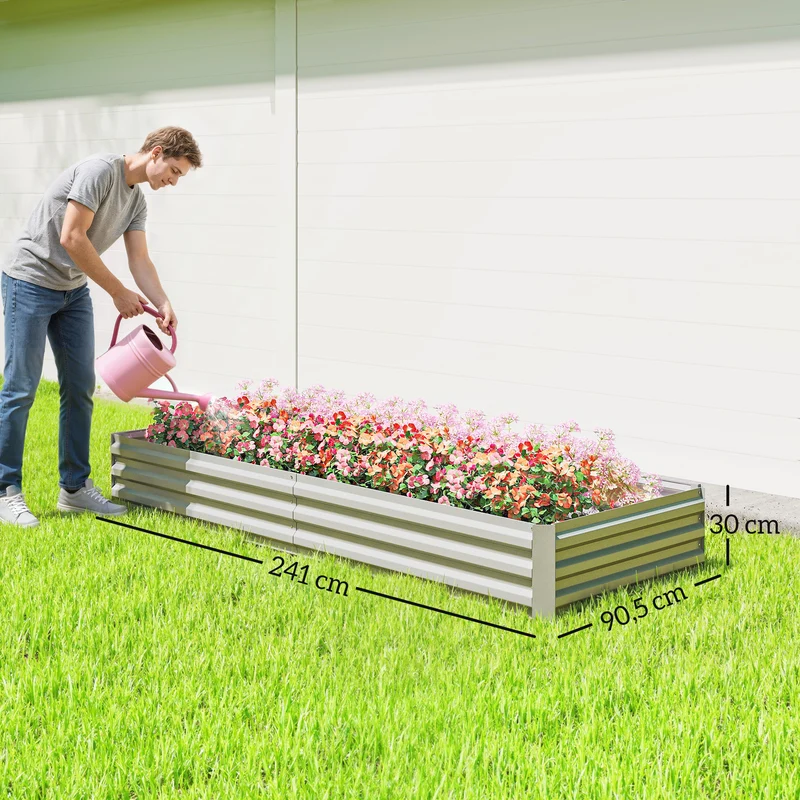 Outsunny Jardinera Exterior Grande Rectangular de Acero Galvanizado, Huerto Urbano para Cultivar Plantas, Macetero Grande Exterior con Base Abierta, Resistente a la Intemperie, 241x90,5x30 cm, Plata
