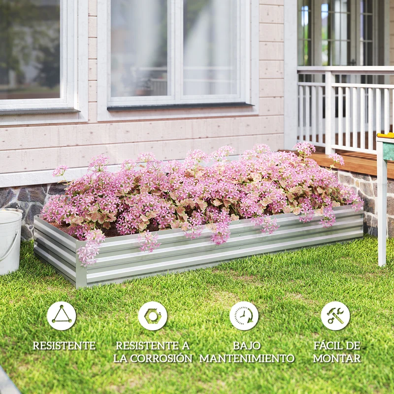 Outsunny Jardinera Exterior Grande Rectangular de Acero Galvanizado, Huerto Urbano para Cultivar Plantas, Macetero Grande Exterior con Base Abierta, Resistente a la Intemperie, 241x90,5x30 cm, Plata