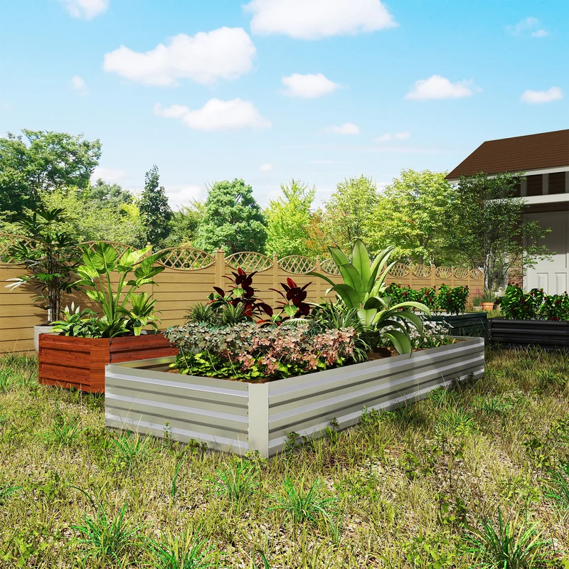 Outsunny Jardinera Exterior Grande Rectangular de Acero Galvanizado, Huerto Urbano para Cultivar Plantas, Macetero Grande Exterior con Base Abierta, Resistente a la Intemperie, 241x90,5x30 cm, Plata