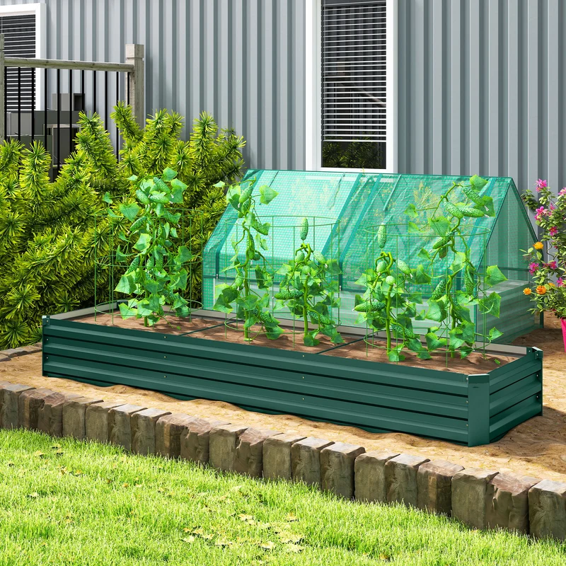 Outsunny Jardinera Exterior Grande Rectangular de Acero Galvanizado, Huerto Urbano para Cultivar Plantas Hierba, Macetero Grande Exterior con Base Abierta Resistente a la Intemperie 240x60x30 cm Verde