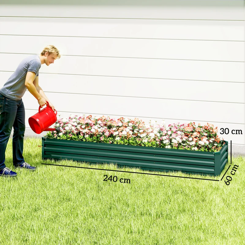 Outsunny Jardinera Exterior Grande Rectangular de Acero Galvanizado, Huerto Urbano para Cultivar Plantas Hierba, Macetero Grande Exterior con Base Abierta Resistente a la Intemperie 240x60x30 cm Verde