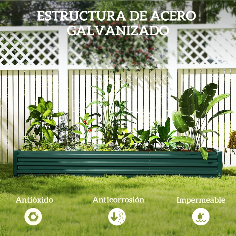 Outsunny Jardinera Exterior Grande Rectangular de Acero Galvanizado, Huerto Urbano para Cultivar Plantas Hierba, Macetero Grande Exterior con Base Abierta Resistente a la Intemperie 240x60x30 cm Verde