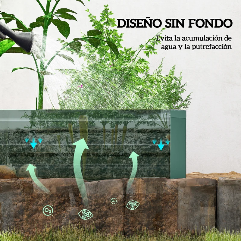 Outsunny Jardinera Exterior Grande Rectangular de Acero Galvanizado, Huerto Urbano para Cultivar Plantas Hierba, Macetero Grande Exterior con Base Abierta Resistente a la Intemperie 240x60x30 cm Verde